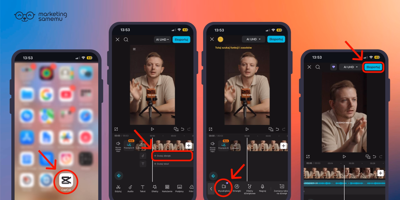 Cztery ekrany iPhone'a pokazujące kroki edycji wideo w aplikacji CapCut: ikona apki, dodawanie głosek, wybór wyeksportuj