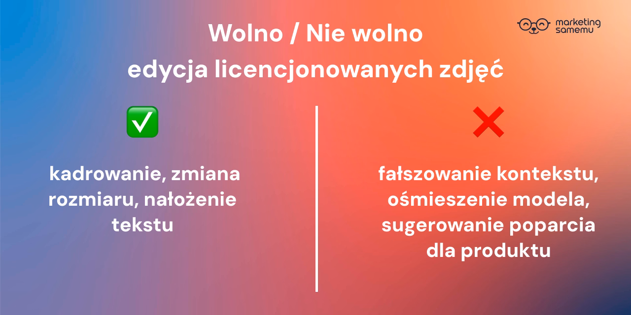 Infografika: co wolno i czego nie wolno przy edycji licencjonowanych zdjęć – dozwolone kadrowanie i zmiana rozmiaru, zabronio