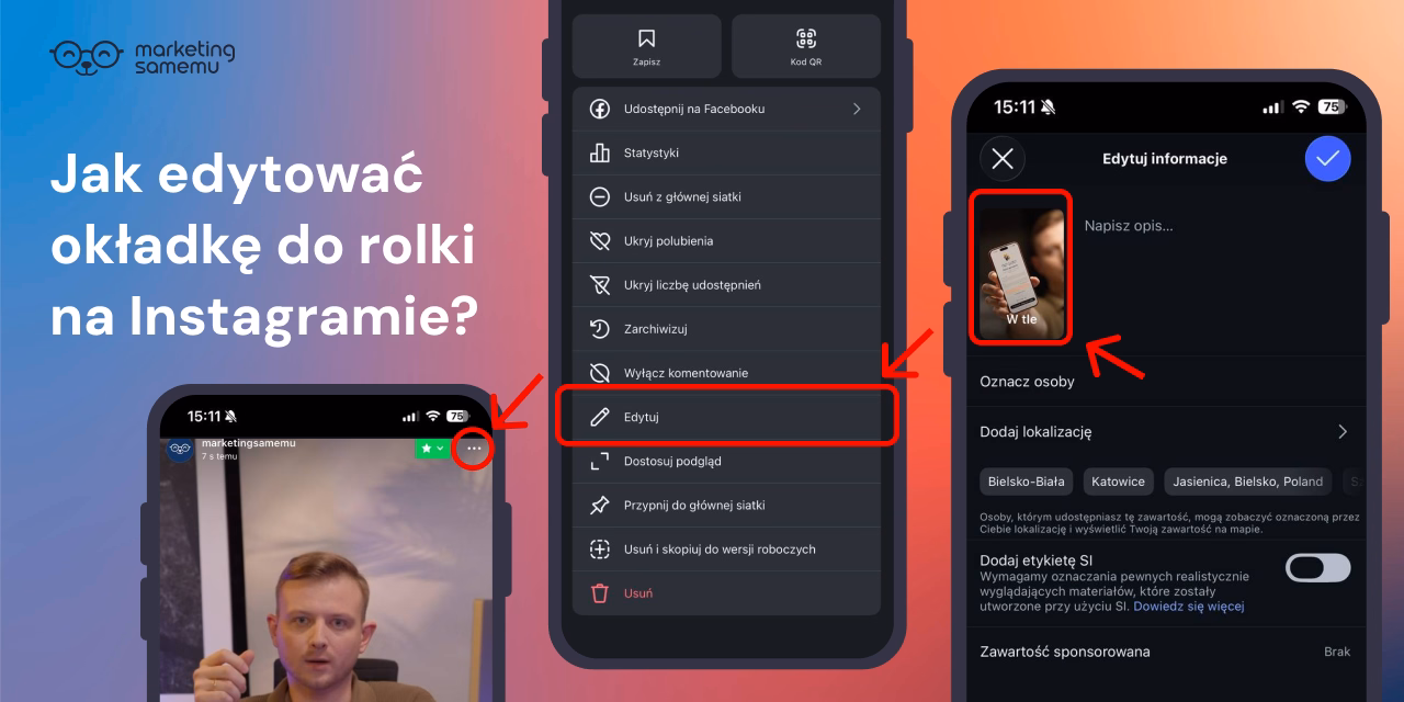 Trzy ekrany iPhone'a pokazujące kroki edycji okładki rolki na Instagramie: menu opcji, wybór 'Edytuj' i ekran edycji informac