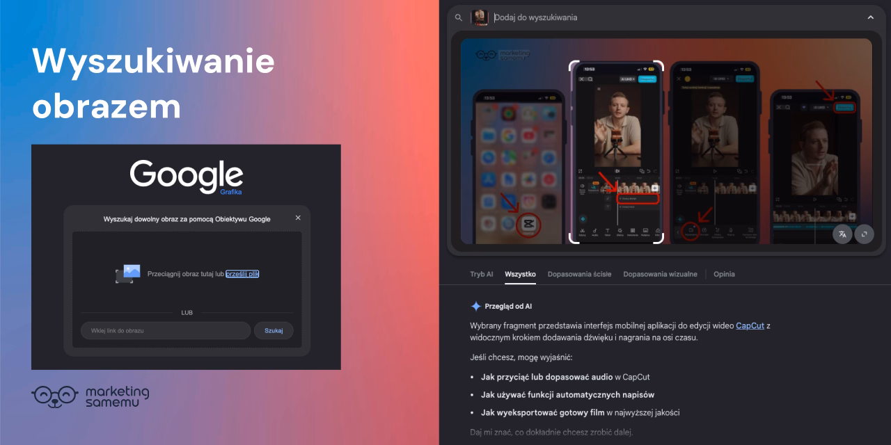 Wyszukiwanie obrazem w Google Grafika – interfejs przeciągania pliku oraz wyniki wyszukiwania z analizą AI dla zrzutu ekranu