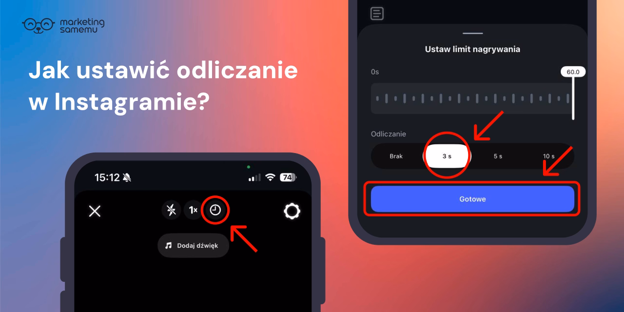 Ekran Instagram z zaznaczoną ikoną timera oraz panel ustawiania odliczania 3s przed nagraniem rolki