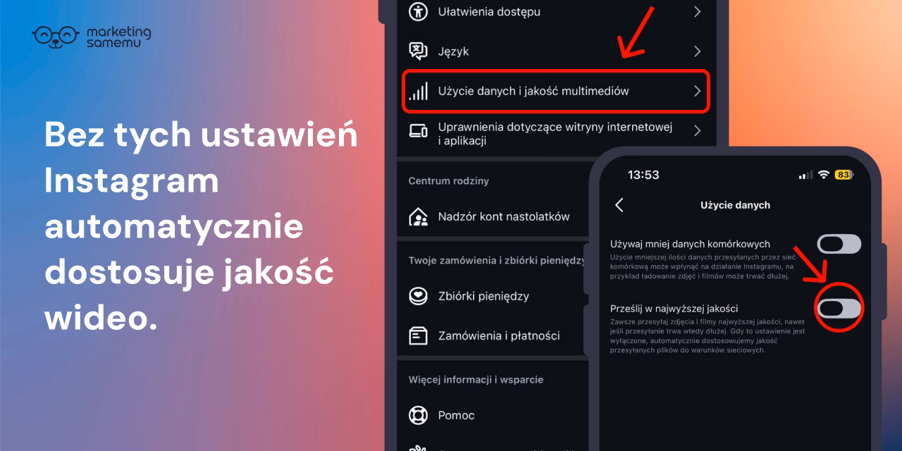 Ustawienia Instagrama – sekcja Użycie danych i jakość multimediów z włączoną opcją Prześlij w najwyższej jakości