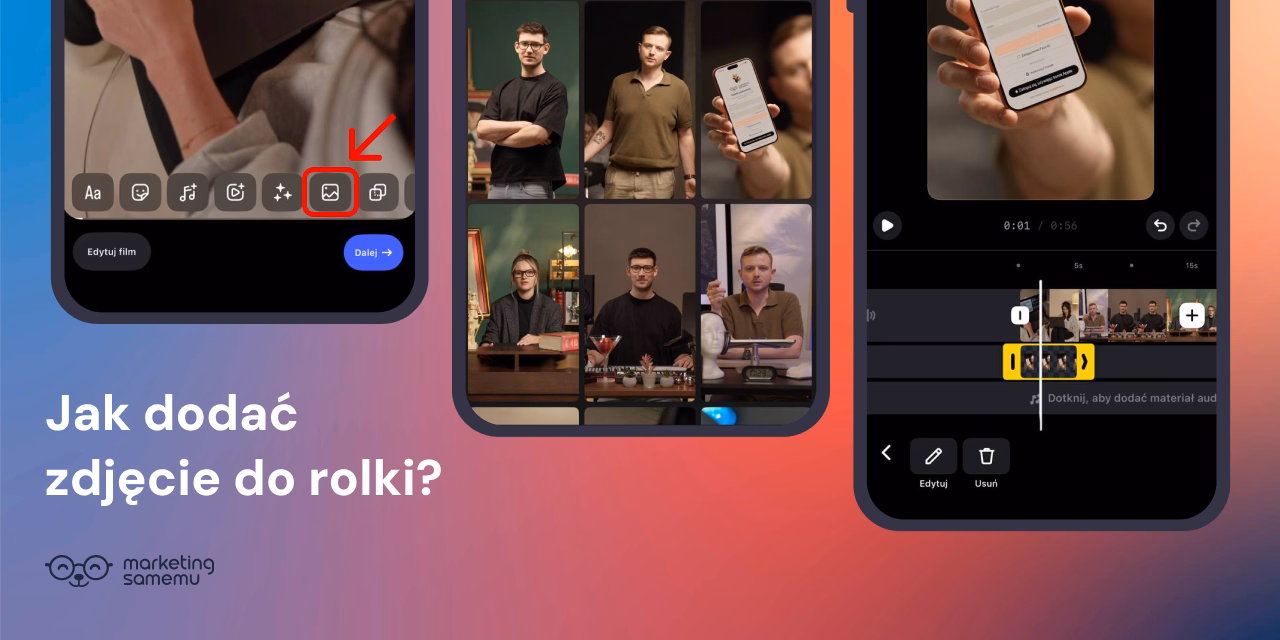 Trzy ekrany smartfona z aplikacją Instagram pokazujące kroki dodawania zdjęcia do rolki – ikony edycji, galeria klipów i oś c