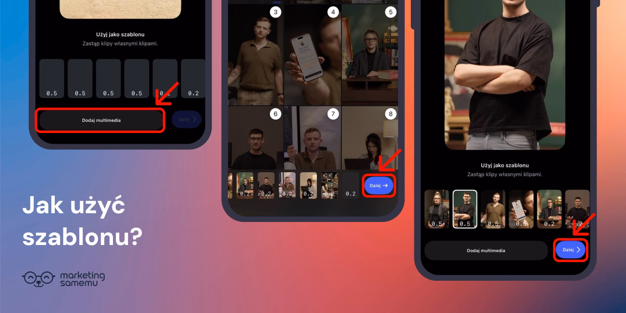 Trzy ekrany smartfona pokazujące kroki użycia szablonu w aplikacji Instagram: dodawanie multimediów, wybór klipów i przycisk
