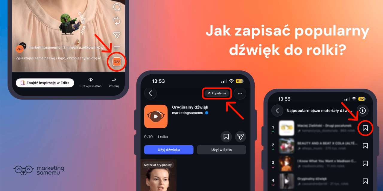 Trzy ekrany iPhone pokazujące kroki zapisywania popularnego dźwięku do rolki na Instagramie – ikona dźwięku, zakładka Popular