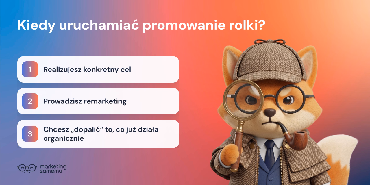 Infografika: Kiedy uruchamiać promowanie rolki? 3 powody: konkretny cel, remarketing, dopalenie organiki. Lis-detektyw z lupą