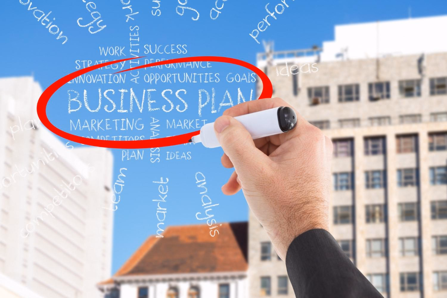 Dłoń trzymająca marker zakreśla czerwoną elipsą napis Business Plan na tle budynków i słów związanych z marketingiem