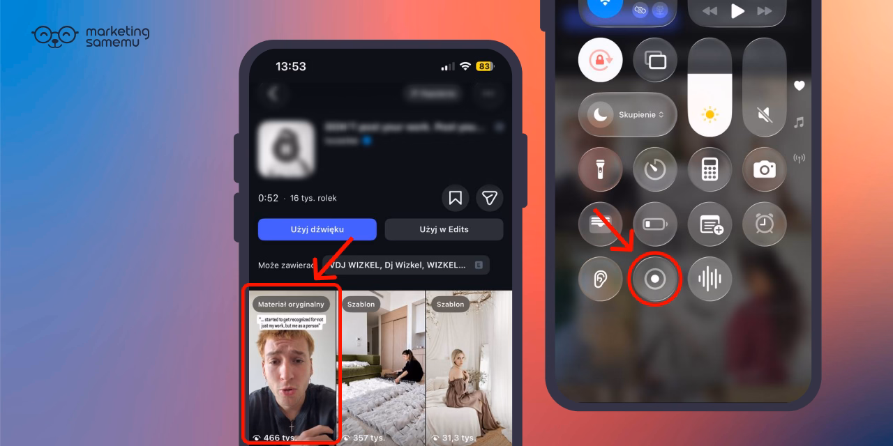 Ekran iPhone z interfejsem Instagram Reels z opcją 'Użyj dźwięku' oraz panel sterowania iOS z zaznaczonym przyciskiem nagrywa
