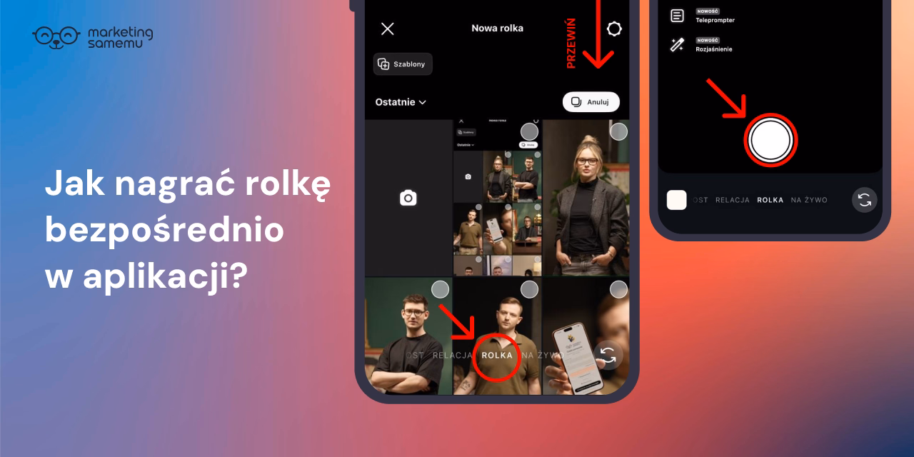 Dwa ekrany aplikacji Instagram pokazujące interfejs nagrywania rolki: wybór klipu z galerii i przycisk nagrywania