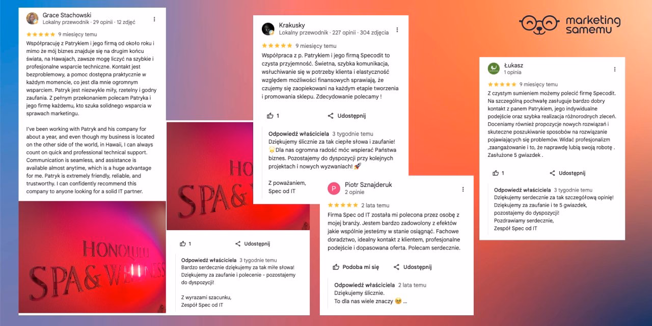 Zrzuty ekranu opinii Google 5 gwiazdek od klientów firmy Spec od IT – recenzje po polsku i angielsku