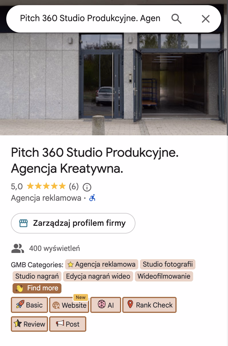 Profil firmy Pitch 360 Studio Produkcyjne w Google Maps z oceną 5,0 i kategoriami GMB: agencja reklamowa, studio fotografii,