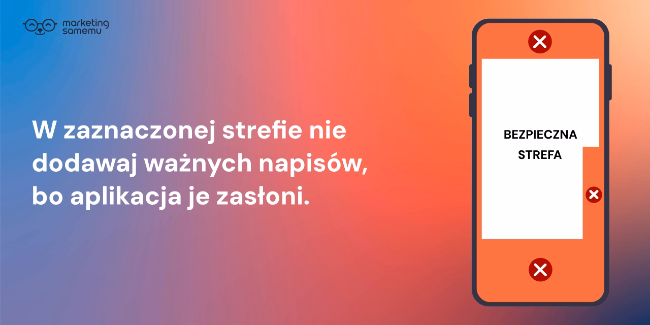 Schemat telefonu z zaznaczoną bezpieczną strefą rolki na Instagramie – obszary przy krawędziach oznaczone jako niebezpieczne