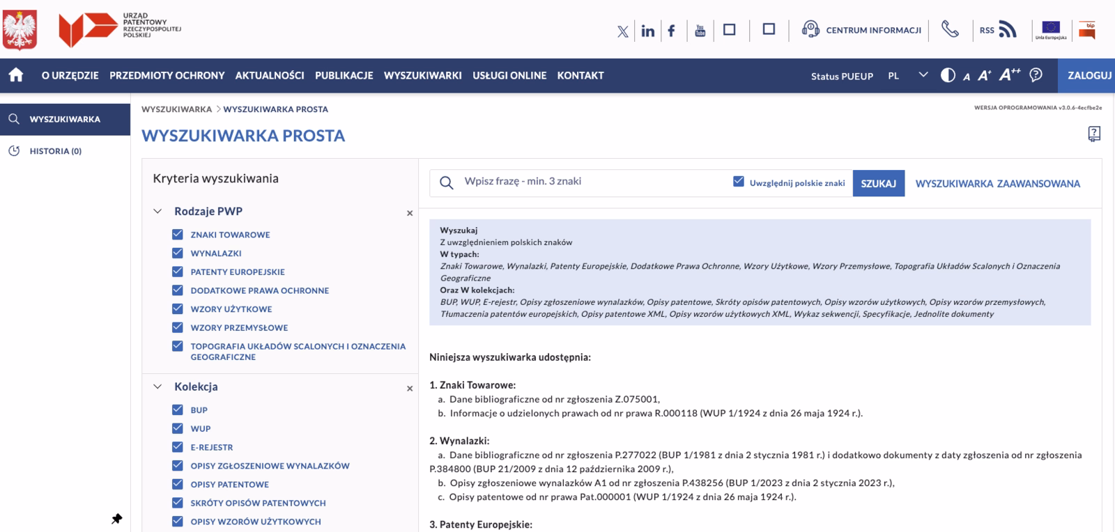 Wyszukiwarka prosta Urzędu Patentowego RP z kryteriami wyszukiwania znaków towarowych, wynalazków i patentów europejskich