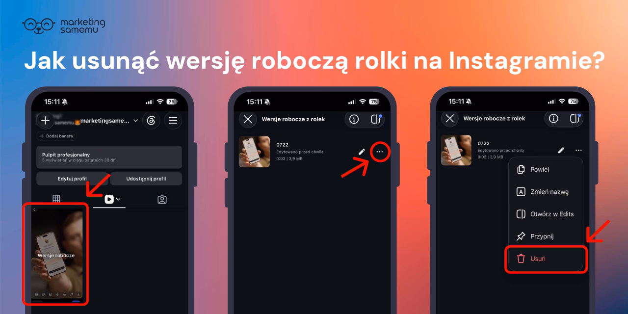 Trzy ekrany iPhone'a pokazujące kroki usuwania wersji roboczej rolki na Instagramie: zakładka wersje robocze, menu z trzema k