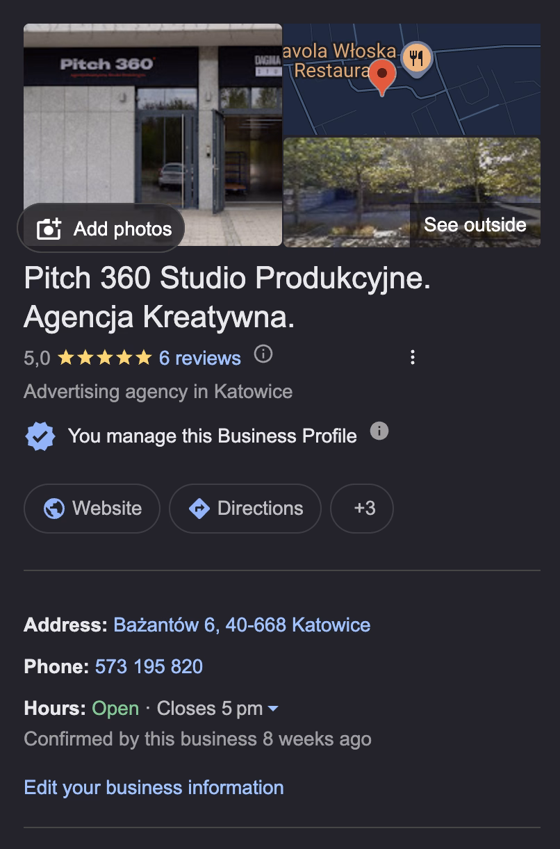 Wizytówka Google Business Profile agencji Pitch 360 w Katowicach z oceną 5,0 gwiazdek i danymi kontaktowymi