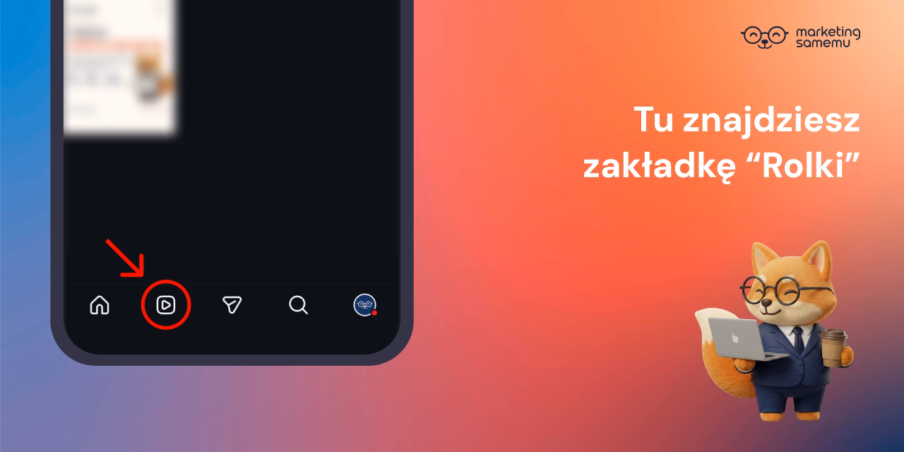 Dolny pasek nawigacji Instagrama na smartfonie z zaznaczoną czerwoną strzałką ikoną Rolek